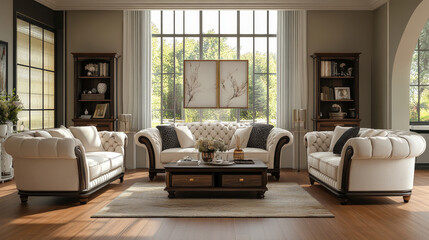 Fototapeta premium The room includes a shelf and drawer for storage, and the warm hardwood floor adds to the inviting ambiance.