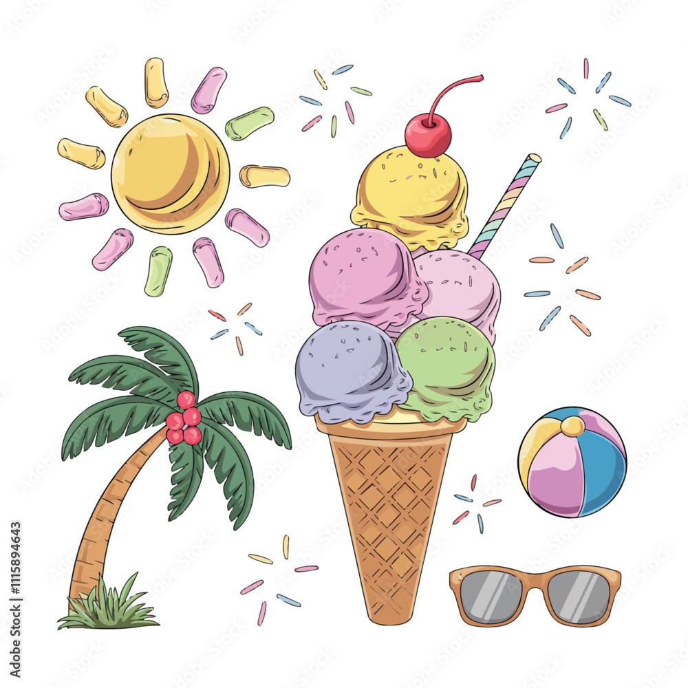 Poster hand drawn tropical ice cream with summer vibes vector design with palm trees and beach ball illustr