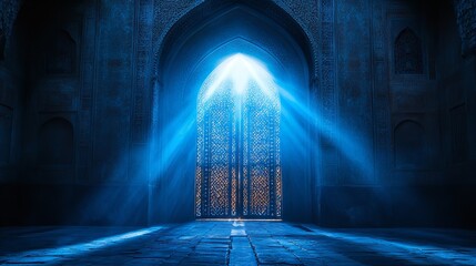 Arabic arch with blue light rays and backlighting. Generative Ai