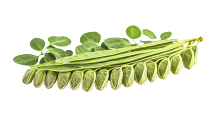 Fresh green drumstick pods and leaves displayed artistically on a white background