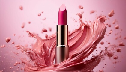 a vibrant pink lipstick tube surrounded by splashes on a soft background to promote beauty and cosmetics