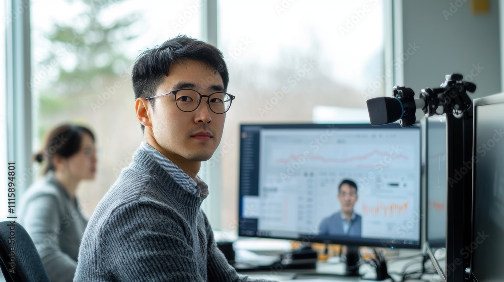 Poster young businessman analyzing data on computer screen in office setting