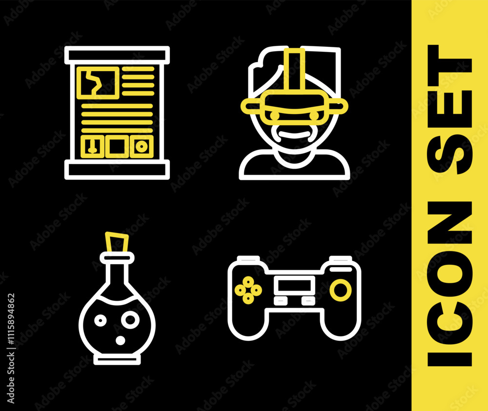Poster set line virtual reality glasses, gamepad, bottle with magic elixir and guide icon. vector