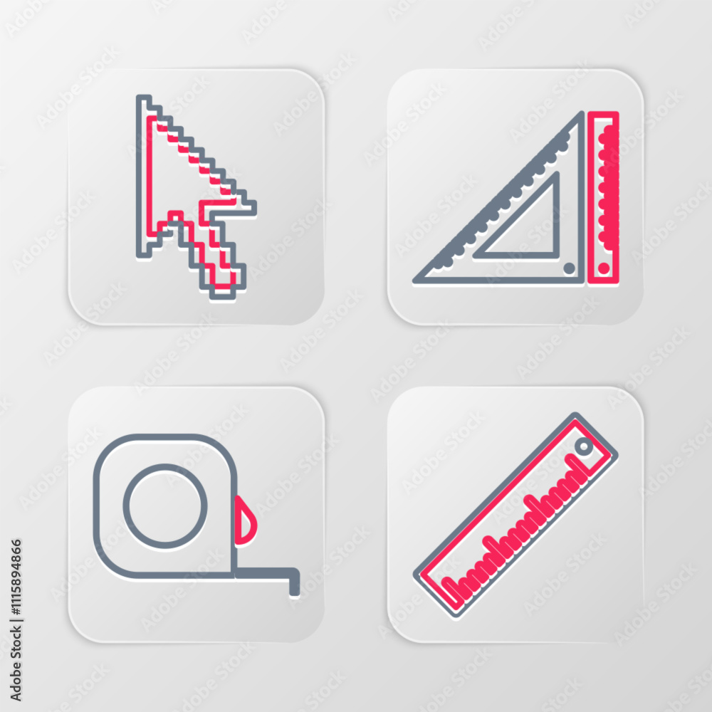 Aufkleber set line ruler, roulette construction, triangular ruler and pixel arrow cursor icon. vector