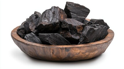 Obraz premium A Rustic Wooden Bowl Filled with Glimmering Charcoal Pieces on a White Background, Ideal for Nature and Organic Material Highlights in Design and Cooking Visuals