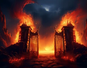 gates of hell engulfed in flames with a dark ominous sky in the background creating a haunting atmosphere