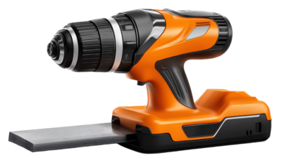 A powerful orange cordless drill resting on a workbench, ready for various home improvement projects during a bright afternoon