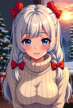 Pixcel art of a girl in a cozy winter background 