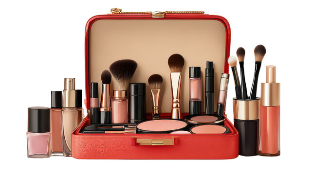 A vibrant makeup kit brimming with brushes, lipsticks, and nail polishes ready for a glamorous transformation