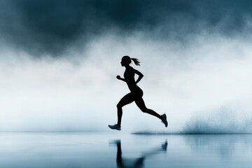 sports empowerment, a strong image of a woman running on the beach with waves crashing behind her, embodying the essence of national girls and women in sports day