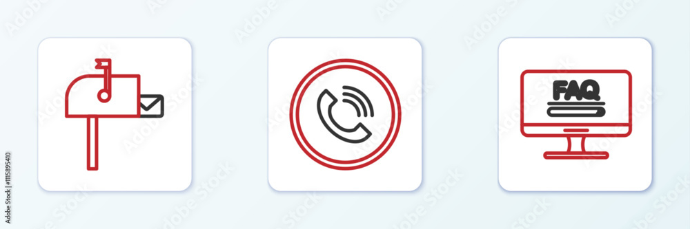 Poster set line monitor with faq information, open mail box and phone call icon. vector