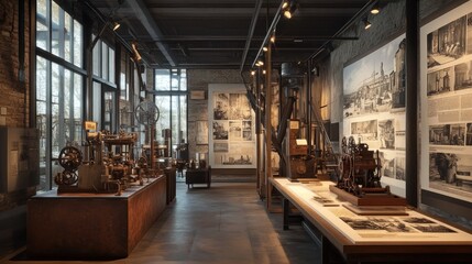 Industrial museum interior with antique machinery and historical photos on display.