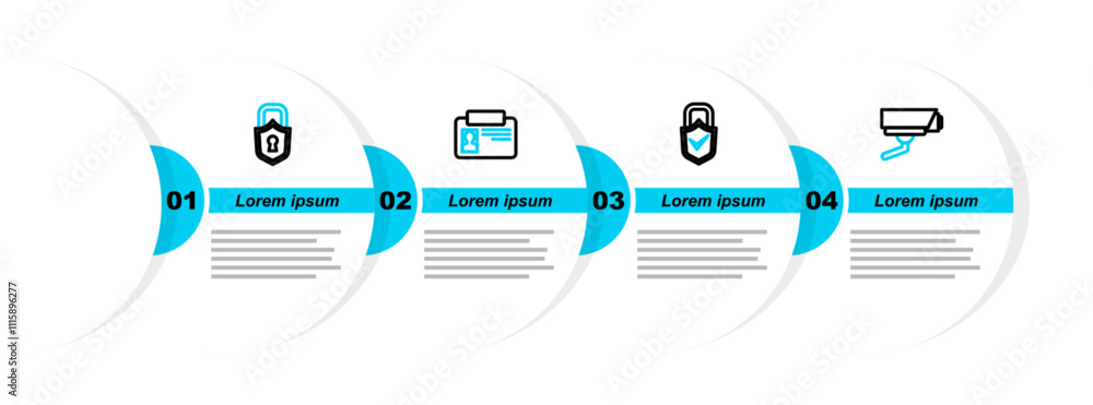 Poster set line security camera, lock and check mark, identification badge and icon. vector