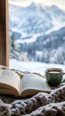 Open book and tea cup by winter window with mountain view