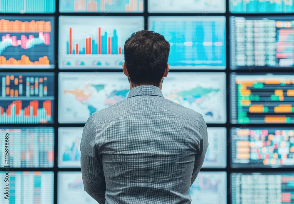 Poster business person analyzing data on multiple high-resolution screens