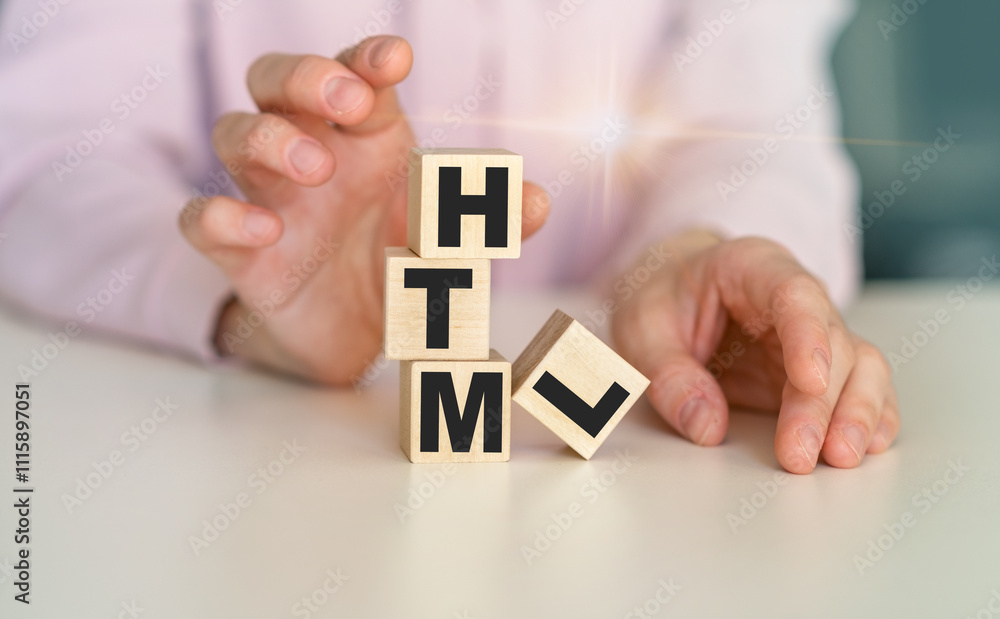 Fototapete woman made word html with wood blocks on the background of the office table.