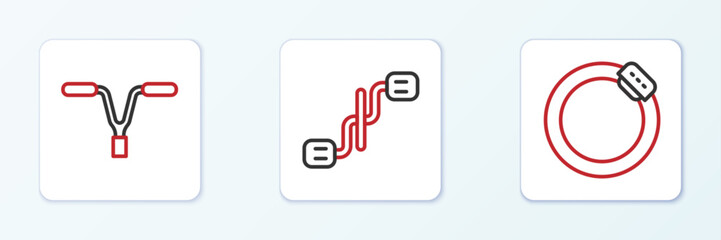 Obraz premium Set line Bicycle brake disc, handlebar and pedals icon. Vector