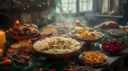 Obraz premium Freshly cooked food on the table, steaming and looking delicious on Christmas night, giving a warm and inviting feeling, perfect for use in advertisements or Christmas greeting cards.