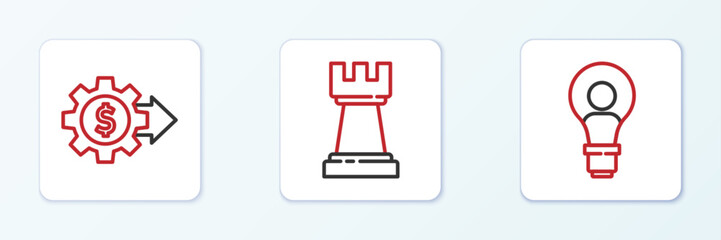 Fototapeta premium Set line Head with lamp bulb, Gear dollar and Chess icon. Vector