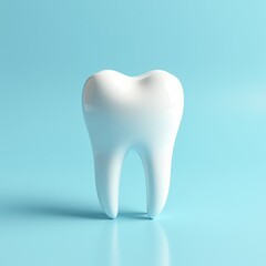 Glossy white model of a human tooth on a light blue background symbolizing dental health and hygiene.