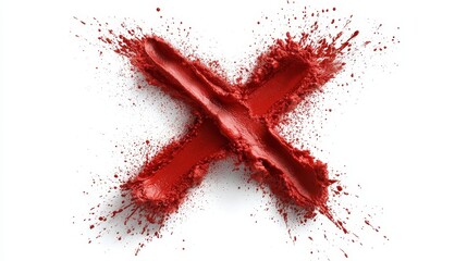 Bold Red Cross Mark Created with Powder and Splatter on White Background for Artistic Expressions, Symbolism, or Design Projects