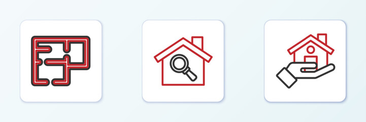 Obraz premium Set line Realtor, House plan and Search house icon. Vector