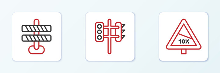 Obraz premium Set line Steep ascent and descent road, Road barrier and Traffic light icon. Vector