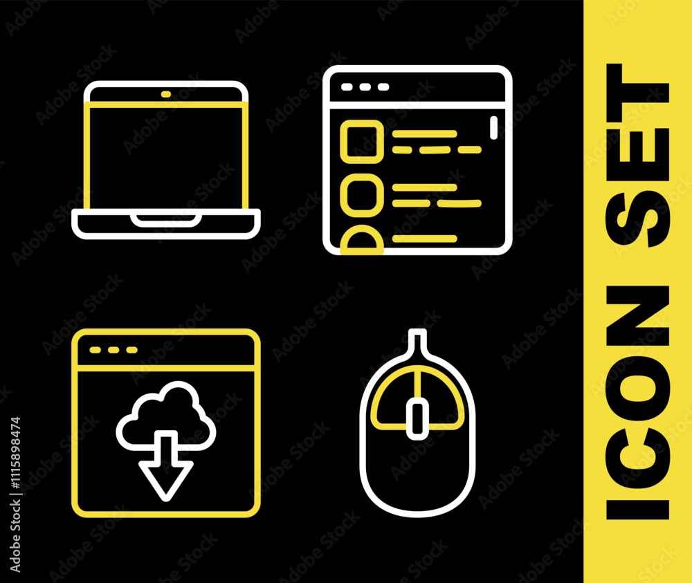 Poster set line browser files, computer mouse, cloud technology data transfer and laptop icon. vector