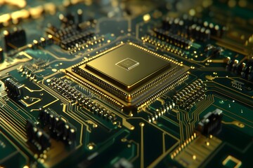 Fototapeta premium A close-up shot of an integrated circuit on a green and gold background, with the chip in focus, showcasing its intricate design and components