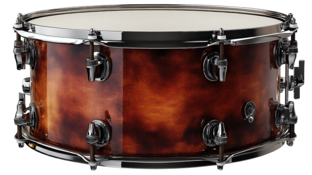 A stunning wooden snare drum gleaming under soft light in a cozy studio, showcasing craftsmanship and musical potential