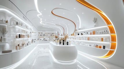 An elegant beauty store filled with modern skincare products arranged on curved shelves. Soft lighting enhances the futuristic vibe, creating an inviting shopping experience