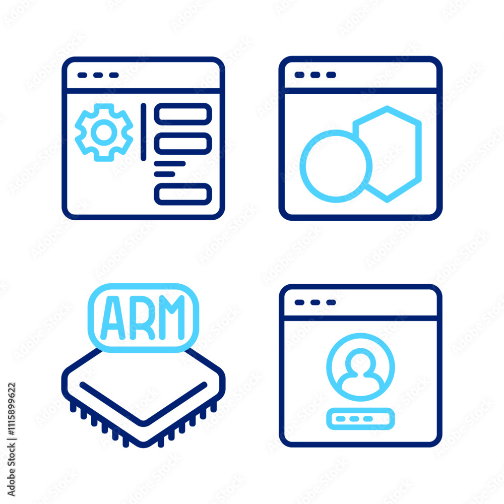 Poster set line create account screen, processor, software and browser setting icon. vector
