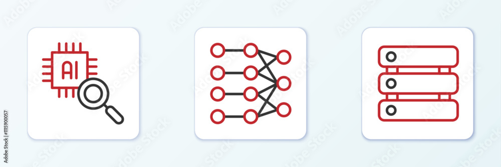 Poster Set line Server, Data, Processor CPU and Neural network icon. Vector
