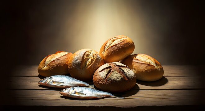 Five Loaves and Two Fish, Catholic Still Life Illustration