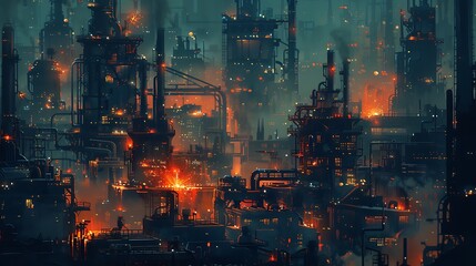 Fototapeta premium A dark, industrial scene with many tall buildings and glowing flames. Smoke rises from pipes.