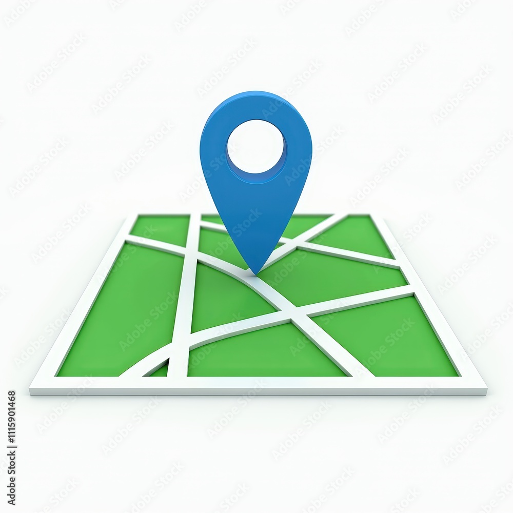 Poster a 3d illustration of a blue map marker on a simplified green map with white roads, symbolizing navig