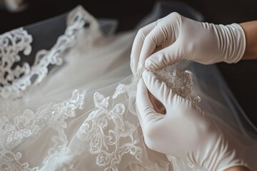 A dry cleaner carefully cleans and maintains a wedding dress.