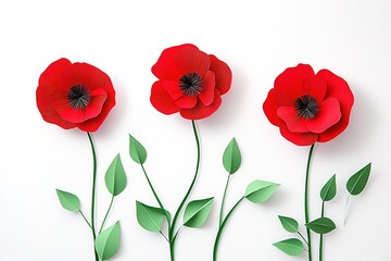 Fototapeta premium Red poppy flowers in a row on white. Flat lay. Top view 