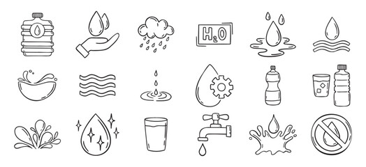 Water doodle hand drawn icons set. Water drawing sketch signs 