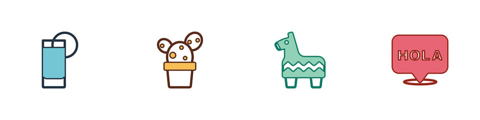 Set Tequila glass with lemon, Cactus or succulent in pot, Pinata and Hola icon. Vector © vector_v