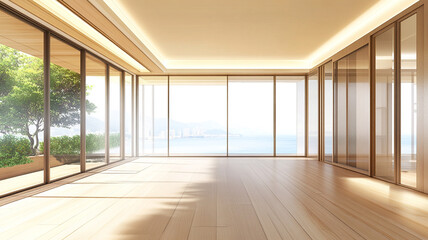 Fototapeta premium Empty room with a light wood floor and large windows