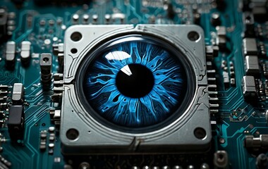 Fototapeta premium Close-up of a blue iris embedded in a circuit board, representing technological surveillance.