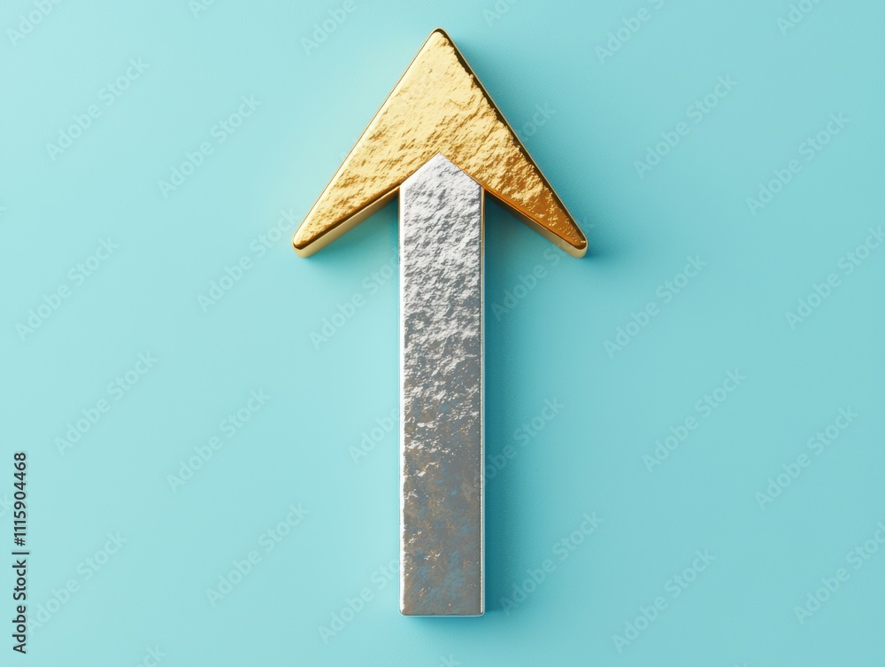 Poster Shiny Metallic Arrow Symbol Pointing Upward on a Soft Teal Background Reflecting Progress and Growth in Business or Personal Development Concepts