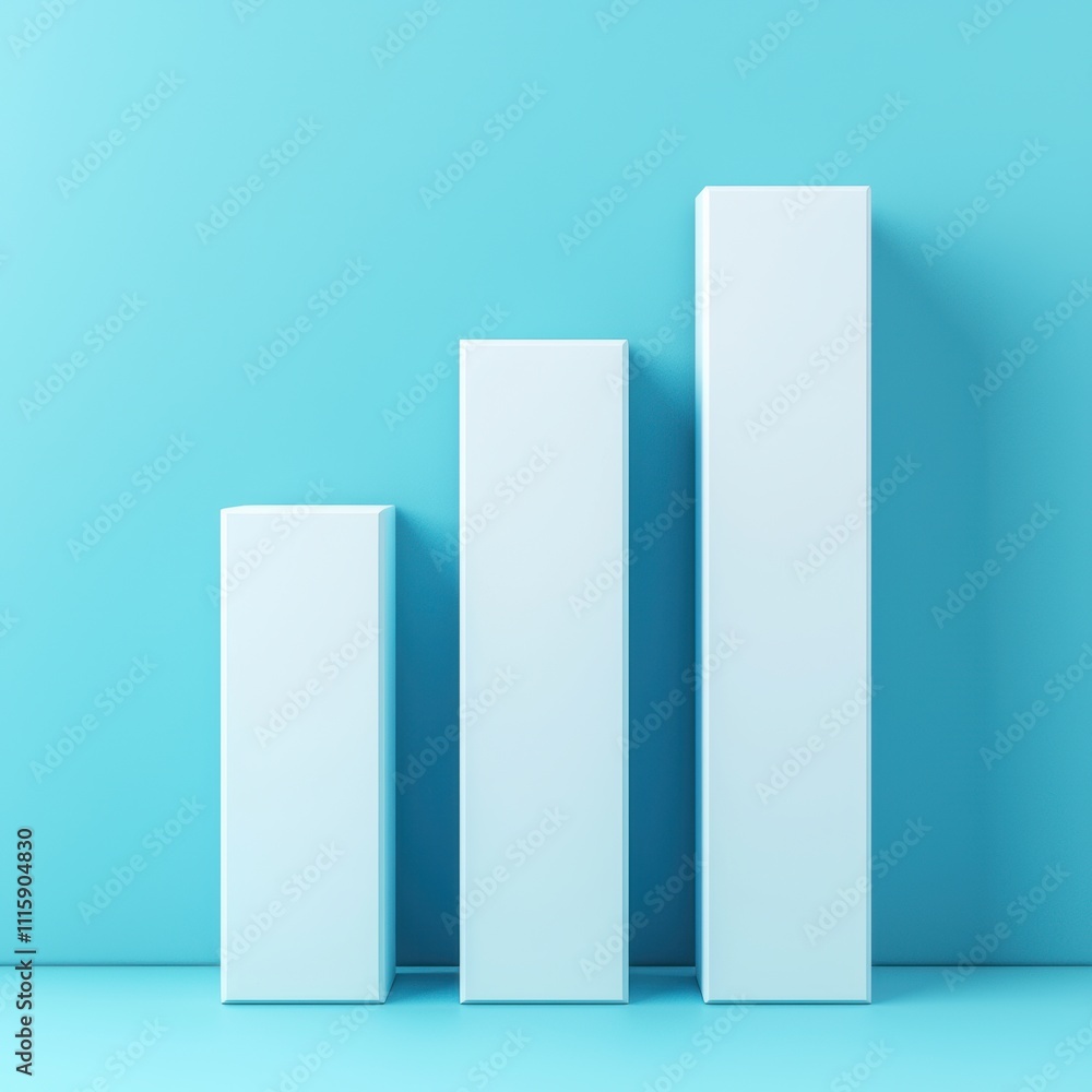 Poster minimalist 3d graph displaying increasing bars on a light blue background representing growth, progr