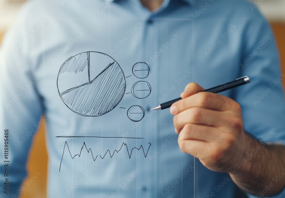 Poster business professional drawing graph and charts on virtual screen to analyze data trends in modern of