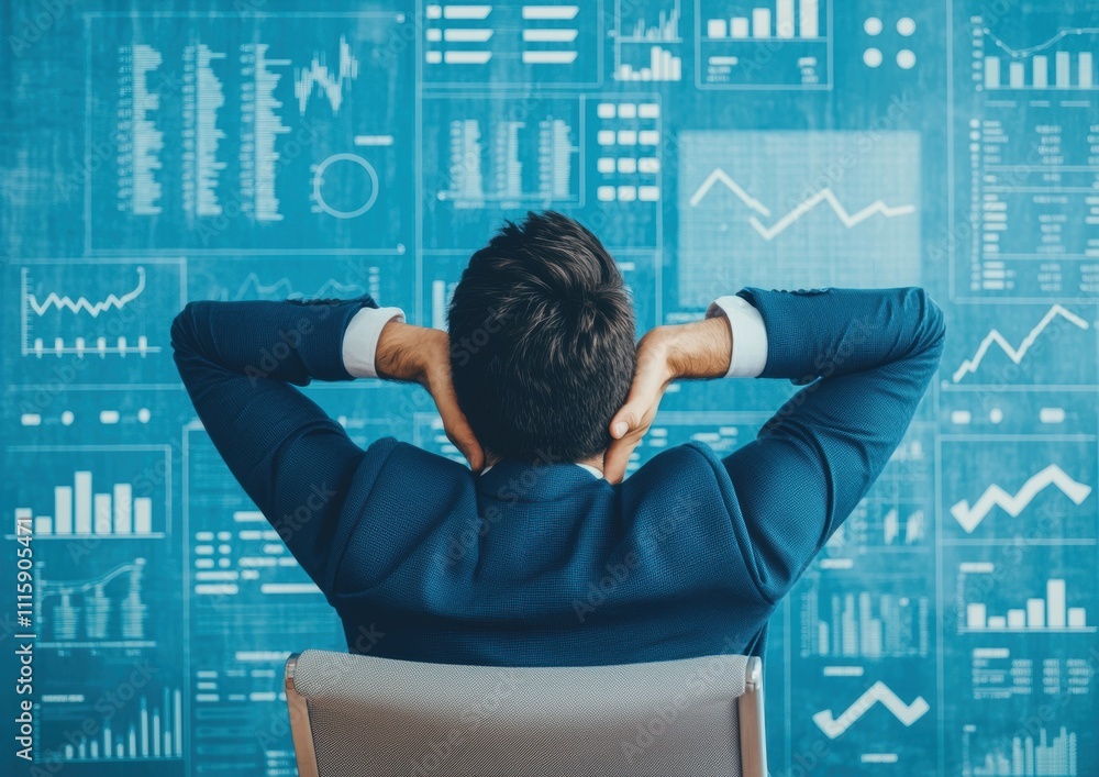 Poster business professional analyzing data trends and statistics in a modern office environment with graph