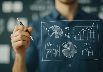 Professional Person Presenting Innovative Data Visualizations on Glass Board with Graphs, Charts, and Diagrams in Modern Office Environment