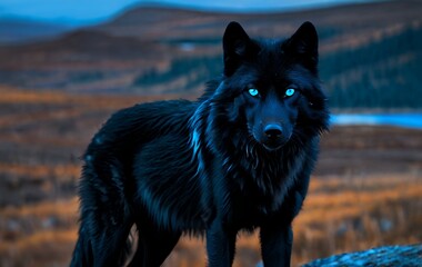 Naklejka premium Majestic black wolf with glowing blue eyes standing in a mountainous landscape.