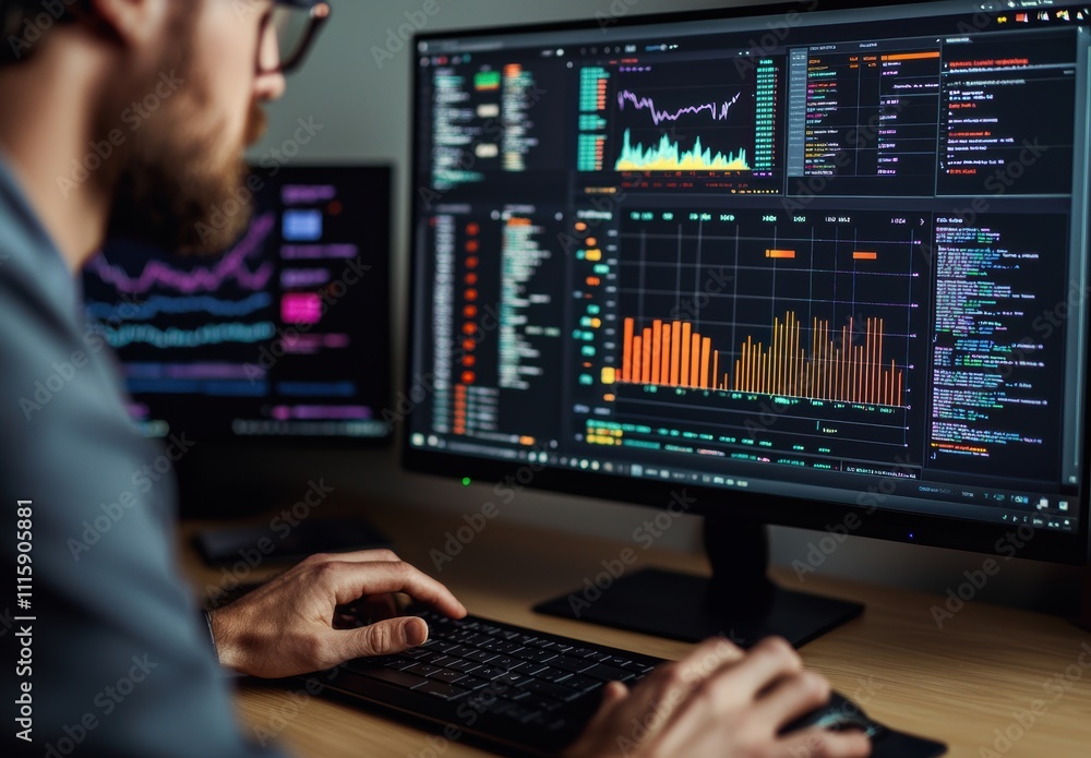 Poster professional male analyst working on computer with financial market graphs and data visualization on