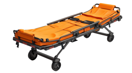 Bright orange stretcher in an emergency medical setting during daylight